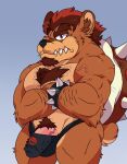  2021 anthro black_nose bowser brown_body brown_fur bulge clothing fur genitals humanoid_genitalia humanoid_hands humanoid_penis koopa lewdookami male mammal mario_bros muscular muscular_male nintendo penis pubes scalie solo underwear ursid video_games 