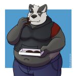 1:1 2021 absurd_res anthro badger belly black_body black_nose bottomwear clothing dessert doughnut eating food harushipanda hi_res hoodie humanoid_hands male mammal mustelid musteline navel obese obese_male overweight overweight_male pants simple_background smasher_and_the_will_o&#039;_the_thiccs solo topwear video_games white_body 