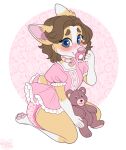  &lt;3 &lt;3_eyes anthro blue_eyes blush brown_hair canid canine canis clothing collar diaper domestic_dog dress embarrassed female frilly frilly_clothing fur hair hi_res infantilism kneeling looking_at_viewer mammal pacifier pawpads pink_diaper plushie solo strawberryneko tan_body tan_fur teddy_bear 