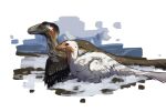  aedea avian balaur_bondoc blue_body blue_feathers brown_body brown_feathers dinosaur dromaeosaurid duo feathered_dinosaur feathers female female_(lore) feral grey_body grey_feathers hi_res multiple_char orange_body orange_feathers qivne reptile scalie scenery size_difference snow theropod utahraptor white_body white_feathers wings winter yvaeith 