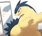  anthro blue_body blush dorobo_39 feral fur hi_res looking_at_mirror looking_at_object mirror nintendo open_mouth pok&eacute;mon pok&eacute;mon_(species) solo typhlosion video_games yellow_body yellow_fur 