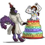  1:1 anthro birthday birthday_cake cake chupa chupadore dessert duo female female/female food nude nude_female pop_out_cake raemyshu rainbow rainbow_cake selena_crone siria_ryder surprise surprised_expression 