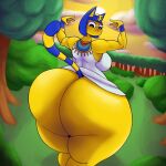  animal_crossing ankha_(animal_crossing) anthro big_butt blue_hair breasts butt clothed clothing domestic_cat felid feline felis female hair hi_res huge_butt jovi_cap looking_at_viewer looking_back looking_back_at_viewer mammal nintendo no_underwear solo thick_thighs video_games yellow_body 