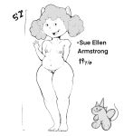  aged_up anthro areola arthur_(series) barefoot breasts dearhotglues digital_media_(artwork) domestic_cat english_text feet felid feline felis female genitals gesture hair hi_res looking_at_viewer mammal monochrome nipples nude open_mouth pubes pussy short_stack smile solo sue_ellen_armstrong text watermark waving 