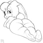  1:1 2021 5_toes anthro barefoot big_breasts big_butt big_ears breasts butt digital_media_(artwork) feet female hair lagomorph leporid looking_at_viewer looking_back lying mammal mature_female monochrome nude on_front rabbit sega simple_background sketch solo sonic_the_hedgehog_(series) thick_thighs toes vanilla_the_rabbit xylas 