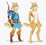  2021 alternate_species anthro blonde_hair bow_(weapon) breath_of_the_wild canid canine clothing digitigrade ear_piercing ear_ring featureless_crotch furgonomics furrification hair link male mammal melee_weapon nintendo nude piercing ponytail ranged_weapon shield solo sword the_legend_of_zelda tunic uzucake video_games weapon 