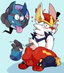  &lt;3 2021 anthro backsack balls black_body black_inner_ear black_nose blue_body blue_ears blue_fur blush butt cinderace duo fur genitals humanoid_hands lewdookami looking_back lucario male nintendo nude perineum pok&eacute;mon pok&eacute;mon_(species) red_balls red_body red_butt spanking teeth tongue tongue_out video_games white_body white_fur white_tail yellow_inner_ear 