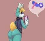  ambiguous_gender animal_crossing anthro big_butt blonde_hair bottomless butt clothed clothing girly hair hi_res lagomorph leporid littlerager looking_at_viewer looking_back male mammal nintendo phone rabbit sasha_(animal_crossing) solo suggestive_dialogue thick_thighs video_games 