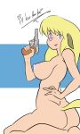  absurd_res anthro aptom7747 blonde_hair breasts canid canine female fur gun hair handgun hi_res mammal mrs._hudson nipples open_mouth open_smile ranged_weapon revolver sherlock_hound_(series) short_hair simple_background smile solo weapon 