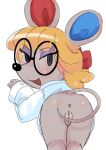  aipiepo animal_crossing anthro anus blue_inner_ear blush clothing coat eyewear female genitals glasses hi_res lab_coat leaning leaning_forward looking_at_viewer mammal mouse murid murine nintendo petri_(animal_crossing) pie_(artist) presenting pussy red_inner_ear rodent simple_background solo topwear video_games white_background 