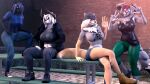  16:9 3d_(artwork) 4k abs absurd_res albine anthro blonde_hair blue_hair bottomwear canid canine canis celestia_snyder_(ludexus) clothing cutoffs dark_blue_fur denim denim_clothing digital_media_(artwork) fan_character female fur glowing glowing_eyes grey_body grey_fur grey_hair group group_picture hair hi_res horn jacket jeans lexas_(ludexus) ludexus mammal navik_gundyr_(ludexus) pants park pink_eyes shorts source_filmmaker topwear visash_(ludexus) widescreen wolf yellow_body yellow_eyes yellow_fur 