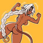  1:1 :3 aisha_clanclan animal_humanoid back_boob breasts butt cat_humanoid fangs felid felid_humanoid feline feline_humanoid female flexing hair humanoid humanoid_pointy_ears looking_at_viewer looking_back mammal mammal_humanoid muscular muscular_female not_furry nude outlaw_star rear_view shameful-display simple_background solo white_hair yellow_background 