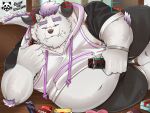  4:3 anthro behemoth_(housamo) belly biped black_bottomwear black_clothing black_pants black_topwear bodily_fluids bottomwear bracelet candy chocolate clothed clothing dessert drooling eating eyes_closed food fur gumroad hair hi_res holding_candy holding_chocolate holding_food holding_object hoodie horn jewelry lifewonders male monster nipples overweight overweight_anthro overweight_male pants pocky purple_hair raised_clothing raised_topwear ratontheraccoon saliva solo tokyo_afterschool_summoners topwear video_games white_body white_clothing white_fur white_hoodie white_topwear 