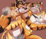  anthro blizzard_entertainment blush bob_(overwatch) duo felid goldlightyou hi_res lifewonders live-a-hero machine male male/male mammal muscular muscular_anthro muscular_male overwatch pantherine pecs robot ryekie_(live-a-hero) superhero tiger video_games 