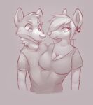  2_heads aerosouthpaws anthro breasts canid canine canis cleavage clothed clothing conjoined duo ear_piercing female hi_res male male/female mammal merging multi_head multifur nipples nipples_through_clothes open_mouth piercing simple_background wolf 