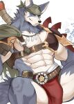  2021 abs absurd_res anthro armor biceps blue_eyes bulge canid canine canis chung0_0 clothed clothing domestic_dog fur hi_res husky kemo_coliseum male mammal multicolored_body multicolored_fur muscular muscular_anthro muscular_male nipples nordic_sled_dog pecs solo spitz unconvincing_armor video_games volga 