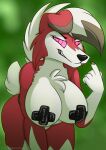  2021 anthro beckoning big_breasts biped breasts canid canine claws digital_media_(artwork) female fur gesture grumpy_griffin_creations hair hi_res looking_at_viewer lycanroc mammal midnight_lycanroc nintendo nipple_tape nude pasties pok&eacute;mon pok&eacute;mon_(species) simple_background smile solo standing tape thick_thighs video_games white_body white_fur 