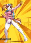 action_pose anthro armor backpack brown_body brown_fur canid canine canis clothed clothing collar cosmic_background diaper dog_tags domestic_dog ears_through_headwear female fur gamer2 headgear helmet jacket looking_away mammal partially_clothed paw_patrol pink_eyes pose solo starry_background tiptoes topwear white_diaper 