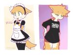  2021 anthro clothed clothing dialogue domestic_cat english_text felid feline felis fully_clothed fur hi_res maid_uniform mammal open_mouth open_smile pink_nose question rolo_(rolo_stuff) rolo_stuff smile solo text uniform white_body white_fur yellow_body yellow_fur 