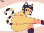  :3 animal_crossing ankha_(animal_crossing) anthro anus butt butt_squish domestic_cat felid feline felis female genitals hand_on_butt hi_res looking_at_viewer looking_back lying mammal nintendo nude on_side pinture pussy rear_view simple_background solo spread_butt spreading squish video_games 