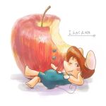  1:1 2015 anthro apple_(fruit) clothed clothing gamba_no_bouken gamba_no_bouken_(series) ikasama lying mammal mo_tsu_oekk mouse murid murine one_eye_closed rodent simple_background solo text white_background wink young 