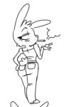  2021 annoyed anthro black_and_white blush bottomwear cheek_tuft clothed clothing digital_drawing_(artwork) digital_media_(artwork) facial_tuft female fully_clothed fur half-closed_eyes head_tuft lagomorph leporid lighter long_ears mammal monochrome narrowed_eyes rabbit riley_(scratch21) scratch21 scut_tail shoobular short_tail simple_background sketch smoking solo standing topwear tuft white_background 
