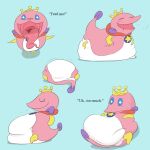  1:1 abdominal_bulge belly big_belly blue_background blue_eyes crown da~blueguy demanding english_text eyes_closed feral fin fish male male_pred marine ocean_prince open_mouth oral_vore pink_body pink_skin purple_fin puyo_puyo semi-anthro simple_background solo stuffed_belly text tongue tongue_out unseen_character vore white_belly yellow_feet 