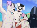  4:3 adam_(spottyadam) anthro beach better_version_at_source canid canine canis clothing cousins dalmatian domestic_dog dot_(dalmationcadet) family friends gesture group male mammal outside pawprint_marking seaside selfie sibling swimming_trunks swimwear v_sign young zenandkoi 