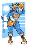  2021 absurd_res anthro blue_body blue_fur blue_hair blush boots bovid bovine boxing boxing_gloves bra breasts brown_eyes cleavage clothed clothing crotchless_bottomwear crotchless_clothing dcheese digital_media_(artwork) female fighting_ring flexing footwear fur genitals hair handwear headgear hi_res horn koc mammal muscular muscular_female pubes pussy smile solo sport sports_bra underwear 