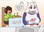  &lt;3 anthro apron big_breasts boss_monster bottomwear bovid breast_squish breasts brown_hair caprine chair clothing deltarune dessert dialogue dishes duo english_text female food fur furniture goat hair hair_over_eyes happy hi_res holding_object horn human kitchen kitchen_utensils kris_(deltarune) looking_down male mammal open_mouth pants phone pie red_eyes shirt simple_background speech_bubble squish text tools topwear toriel undertale undertale_(series) video_games white_body white_fur youwannaslap 