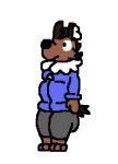 anthro blue_clothing blue_jacket blue_topwear brown_body clothing feet grey_clothing hyaenid inner_ear_fluff jacket low_res male mammal side_butt solo standing toes topwear tuft tundra(tundrathehyena4) tundrathehyena4 