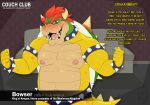 anthro areola armband biped black_clothing black_underwear blush bodily_fluids bowser bracelet claws clothed clothing collar dialogue dragonclaw36 english_text finger_claws fist hair hi_res horn interview jewelry koopa looking_at_viewer male mario_bros musclegut narrowed_eyes nintendo nipples open_mouth red_hair scalie shell solo spiked_armband spiked_bracelet spiked_collar spiked_shell spikes spikes_(anatomy) sweat teeth text topless underwear video_games 