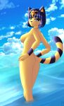  animal_crossing ankha_(animal_crossing) anthro beach blue_hair breasts butt clothing domestic_cat egyptian felid feline felis female fur hair hi_res killer99 looking_back mammal nintendo nude outside rear_view seaside side_boob skinny_dipping sky solo swimwear video_games water yellow_body 