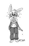  2021 anthro black_and_white blush bottle bottomwear cheek_tuft clothed clothing confusion digital_drawing_(artwork) digital_media_(artwork) facial_tuft female frown fully_clothed fur half-closed_eyes head_tuft lagomorph leporid liquid long_ears mammal monochrome narrowed_eyes puddle rabbit riley_(scratch21) scratch21 shoobular simple_background sketch solo standing substance_intoxication tongue tongue_out topwear tuft white_background 