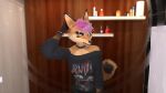  16:9 2021 3d_(artwork) anthro armwear black_clothing black_nose blender_(software) blue_eyes canid canine clothing collar digital_media_(artwork) ear_piercing eyebrows female fox fur graphic_tee hair hand_behind_head hi_res impreza industrial_piercing mammal mirror open_mouth piercing pink_hair solo tan_body tan_fur tile tile_wall towel tridognait wall_(structure) widescreen wood_wall 