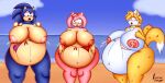  absurd_res amy_rose anthro beach bikini bodily_fluids breasts canid canine clothing crossgender eulipotyphlan female fox group hedgehog hi_res hyper hyper_pregnancy lactating mammal miles_prower morbidly_obese obese overweight overweight_anthro pregnant seaside sega smotrilla sonic_the_hedgehog sonic_the_hedgehog_(series) swimwear wide_hips 
