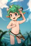  animal_humanoid auvere bikini blue_eyes blush bovid bovid_humanoid caprine caprine_humanoid child clothed clothing crossdressing girly goat_humanoid green_hair hair hi_res horn humanoid looking_at_viewer male mammal mammal_humanoid navel nipples open_mouth outside partially_submerged solo swimwear topless water young 