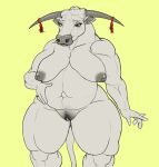  anthro belly big_belly big_breasts bovid bovine breasts cattle clitoris female genitals mammal muscular muscular_female natural_breasts nipples pecs pregnant pubes snakedakyoot solo thick_thighs wide_hips worried_look 