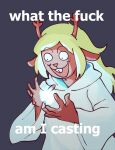  anthro antlers blonde_hair buckteeth capreoline cervid clothing deltarune english_text female freckles hair hi_res horn humor impact_(font) long_hair looking_down magic mammal meme nino-nuke noelle_holiday o_o open_mouth profanity reaction_image red_nose reindeer robe simple_background snowgrave solo teeth text undertale_(series) video_games 