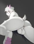  2021 anthro backsack balls big_butt bovid butt butt_focus caprine deltarune eyewear fur genitals glasses goat hi_res horn looking_at_viewer looking_back male mammal pawpads pink_pawpads pompsadoodle ralsei rear_view solo tail_tuft tuft undertale_(series) video_games white_body white_fur 
