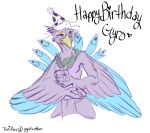  absurd_res anthro avian beak biped bird birthday_hat blue_body clothing feathered_crest feathered_wings feathers galliform gift green_eyes gyro_feather head_crest hi_res male peafowl phasianid pink_body scarf solo tail_feathers terryburrs winged_arms wings 