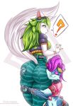  anthro butt_hug canid canine clothed clothing domestic_cat duo felid feline felis female female/female fox green_hair hair hand_on_butt humanoid mammal paladins pepper_(paladins) pink_hair riukykappa salt_(paladins) 