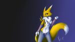  3_fingers anthro armwear bandai_namco black_nose bottomwear breasts bridal_gauntlets clothed clothing digimon digimon_(species) dipstick_ears female fingers fur gradient_background kripperok multicolored_ears navel neck_tuft open_bottomwear open_clothing open_pants pants pasties renamon simple_background solo tuft yellow_body yellow_fur 