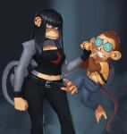  2021 anthro beth_(redustheriotact) bullying carrying duo female fur goth grey_body grey_fur haplorhine hi_res male mammal midriff monkey nerd primate redustheriotact 