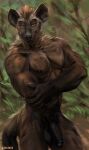  2021 5_fingers anthro brown_body brown_eyes brown_fur brown_glans brown_nipples brown_nose brown_penis chunie claws crossed_arms detailed_background digital_media_(artwork) fingers flaccid foreskin fur genitals glans head_tuft hi_res humanoid_genitalia humanoid_penis hyaenid lineless looking_at_viewer male mammal muscular muscular_male nipples nude painting_(artwork) partially_retracted_foreskin pecs penis solo spots spotted_hyena standing traditional_media_(artwork) tuft 