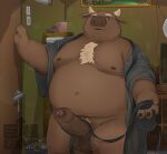  2021 anthro balls belly big_dick_day bovid bovine brown_body cattle chiko_mew clothed clothing detailed_background erection genitals hi_res inside kemono male mammal moobs nipples open_clothing open_robe overweight overweight_male penis robe solo 