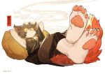  2021 4_toes aak_(arknights) anthro arknights barefoot black_hair chinese_text clothed clothing digital_media_(artwork) domestic_cat feet felid feline felis foot_focus hair hindpaw hypergryph lying male mammal milkytiger1145 pawpads paws pillow plantigrade short_hair soles solo studio_montagne text toes video_games white_body 