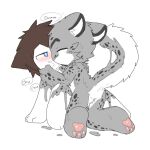  1:1 ambiguous_gender anthro blue_eyes blush blush_lines bodily_fluids brown_hair changed_(video_game) chano deep_kiss duo eyes_closed felid fur goo_creature goo_transformation grey_body grey_fur hair human inner_ear_fluff interspecies kiss_on_lips kissing kneeling leopard_(changed) lin_(changed) looking_at_another male mammal multicolored_body multicolored_fur pantherine pawpads paws saliva simple_background sitting snow_leopard species_transformation speech_bubble spots spotted_body spotted_fur transformation tuft white_background white_body white_fur white_inner_ear white_inner_ear_fluff 