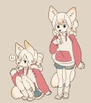  alternate_version_at_source anthro boots bottomwear canid canine cellphone clothed clothing cream_hair crouching dialogue english_text female fennec footwear fox fur gesture greeting hair hoodie kemono looking_aside looking_at_object looking_at_phone looking_at_viewer mammal open_mouth phone ponytail shorts simple_background solo speech_bubble standing tan_body tan_fur text topwear waving yagi_the_goat 