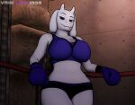  2019 3d_(artwork) anthro artist_name bedroom_eyes big_breasts bodily_fluids boss_monster bottomwear bovid boxing_gloves bra breasts caprine cel_shading clothing crop_top curvy_figure detailed_background digital_media_(artwork) eyelashes female fighting_ring fur goat handwear hi_res horn hotpants hourglass_figure huge_breasts looking_at_viewer mammal mature_anthro mature_female midriff narrowed_eyes navel red_eyes seductive shaded shirt shorts smile solo source_filmmaker sports_bra sports_panties standing sweat thick_thighs topwear toriel undertale undertale_(series) underwear video_games voluptuous white_body white_fur wide_hips yamimarik1994 